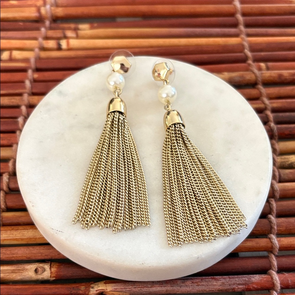 J. Crew Gold Pearl & Chain Tassel Earrings